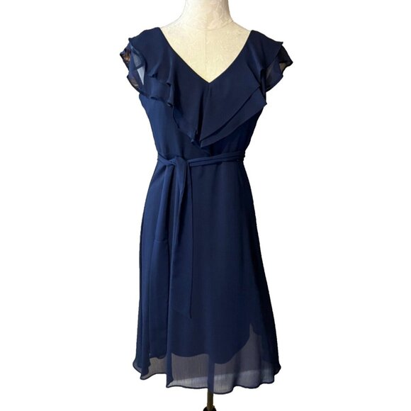 DKNY Dress Navy Blue 6 Short Sleeve W Belt Flowy Career Church Wedding Date - Picture 2 of 10